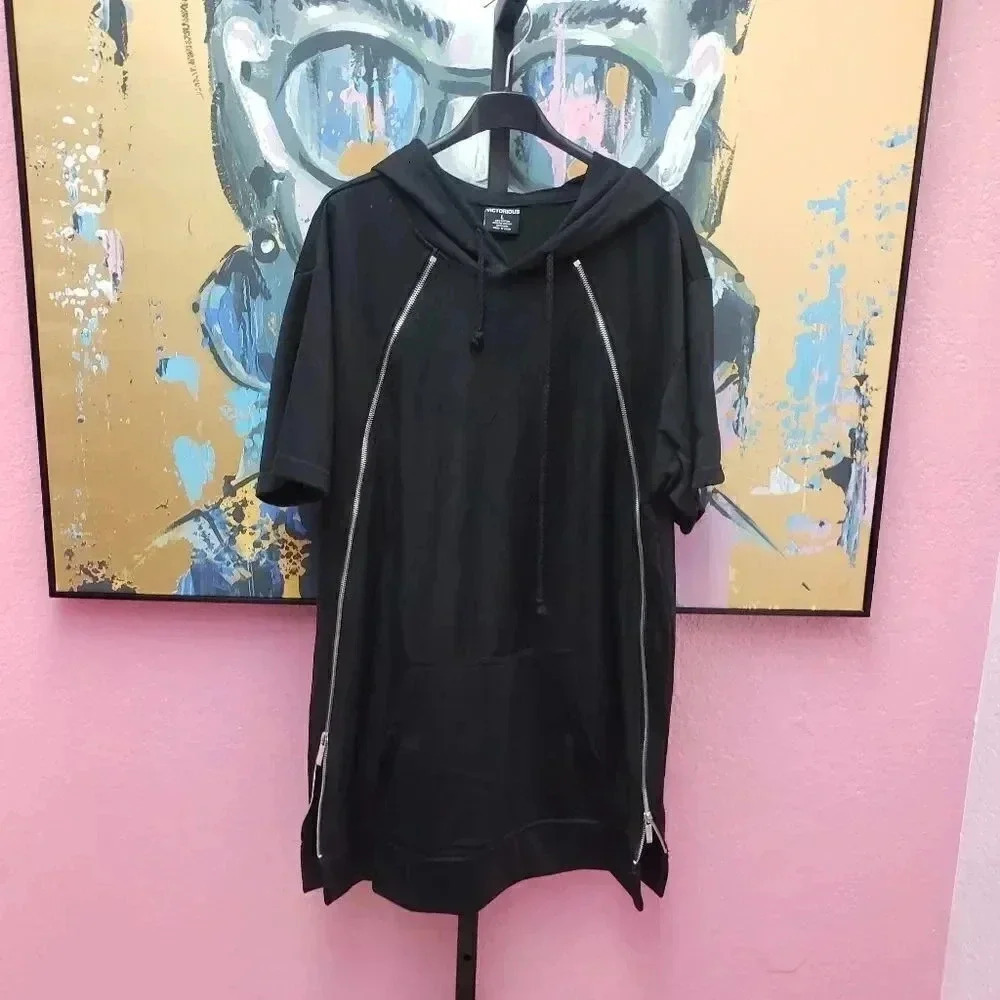 Victorious Black Double Zip Short Sleeve Hooded Dress